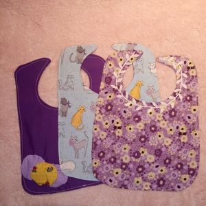 Homemade Purple Floral and Cat Baby Bib Bundle